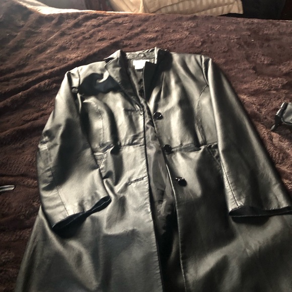 Title ; Long leather trench coat blk very nice - Picture 3 of 8